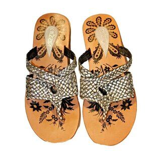 Womens US 9.5 Leather Sandals Slip On Shoes Thong Boho Silver Metallic Weave